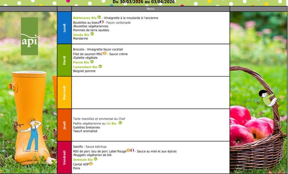 Menu du 30 mars au 3 avril 2026