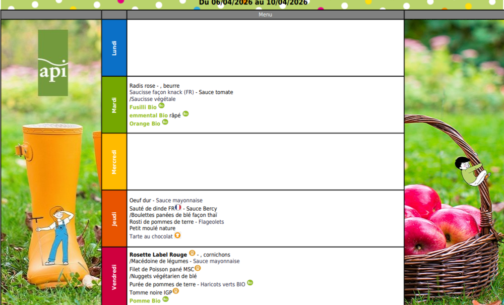 Menu de la cantine pour la semaine du 6 au 10 Avril 2026